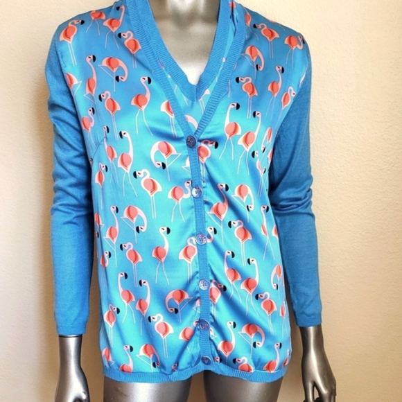 349. Maison Common Blue & Pink Flamingo 2 Piece Sweater Set Size 40